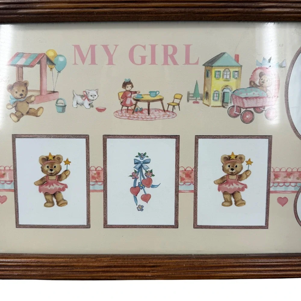 Vintage My Girl Teddy Bear Nursery Wall Art Wood Frame Glass Storybook Decor